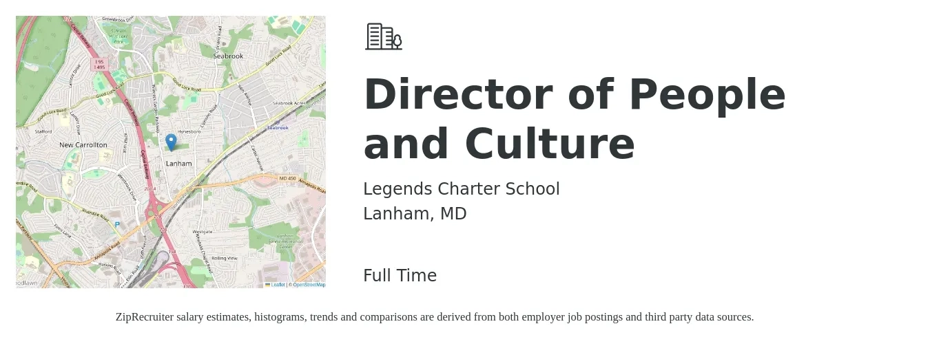 Legends Charter School job posting for a Director of People and Culture in Lanham, MD with a salary of $95,000 to $115,000 Yearly with a map of Lanham location.