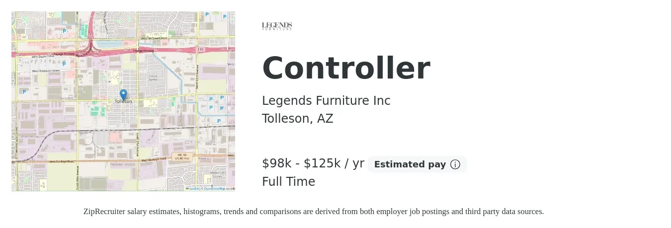 Legends Furniture Inc job posting for a Controller in Tolleson, AZ with a salary of $98,000 to $125,000 Yearly with a map of Tolleson location.