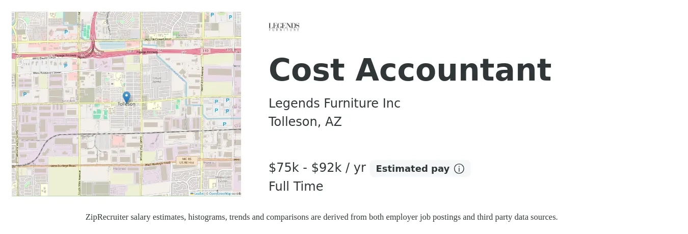 Legends Furniture Inc job posting for a Cost Accountant in Tolleson, AZ with a salary of $75,000 to $92,000 Yearly with a map of Tolleson location.