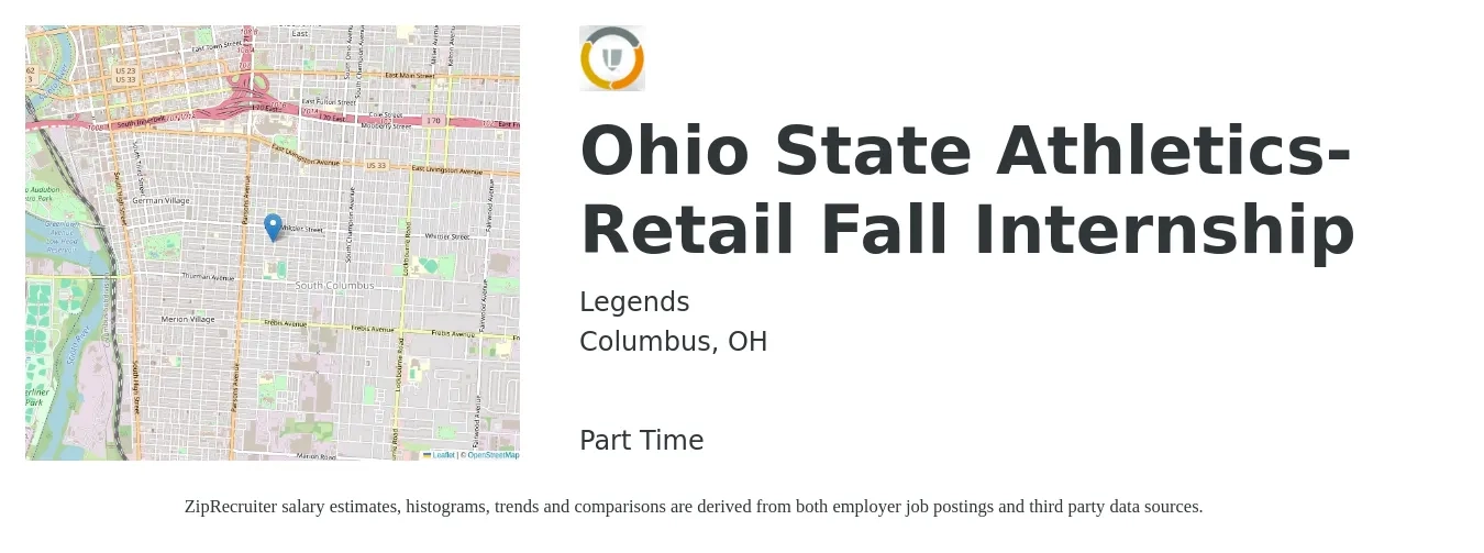 Legends job posting for a Ohio State Athletics- Retail Fall Internship in Columbus, OH with a salary of $16 to $19 Hourly with a map of Columbus location.