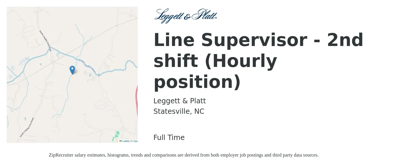 Leggett & Platt job posting for a Line Supervisor - 2nd shift (Hourly position) in Statesville, NC with a salary of $18 to $29 Hourly with a map of Statesville location.