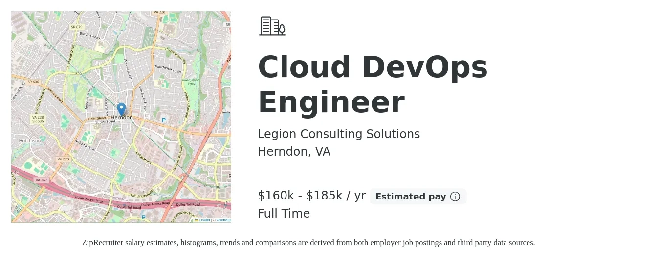 Legion Consulting Solutions job posting for a Cloud DevOps Engineer in Herndon, VA with a salary of $160,000 to $185,000 Yearly with a map of Herndon location.