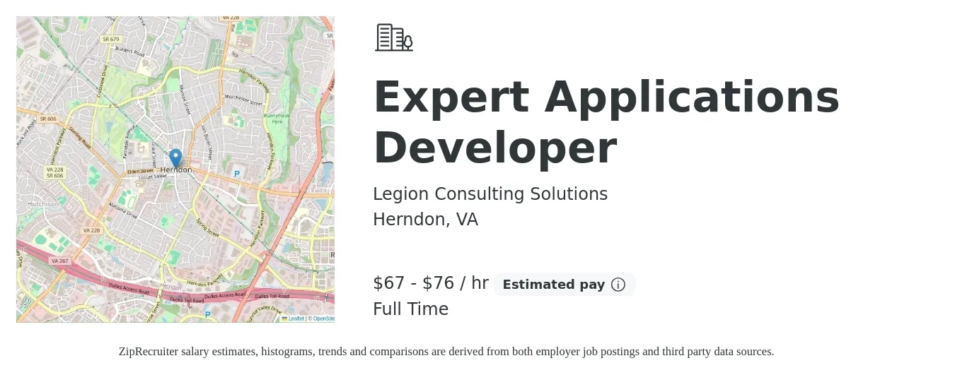 Legion Consulting Solutions job posting for a Expert Applications Developer in Herndon, VA with a salary of $145,000 to $165,000 Yearly with a map of Herndon location.