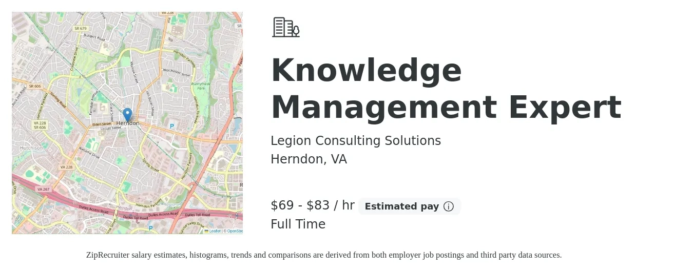 Legion Consulting Solutions job posting for a Knowledge Management Expert in Herndon, VA with a salary of $67,800 to $111,500 Yearly with a map of Herndon location.