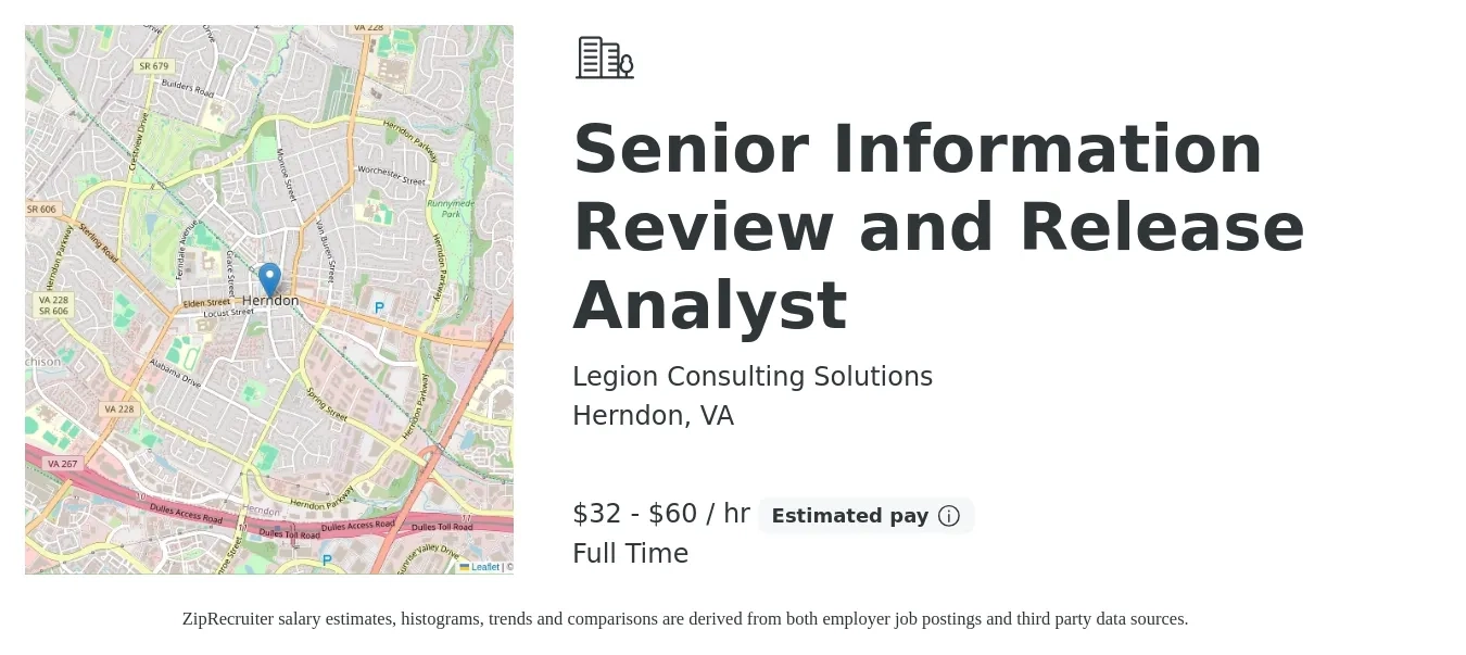 Legion Consulting Solutions job posting for a Senior Information Review and Release Analyst in Herndon, VA with a salary of $70,000 to $130,000 Yearly with a map of Herndon location.