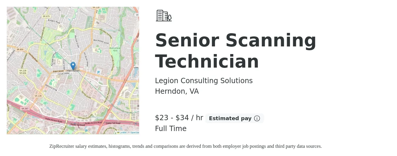 Legion Consulting Solutions job posting for a Senior Scanning Technician in Herndon, VA with a salary of $22 to $36 Hourly with a map of Herndon location.