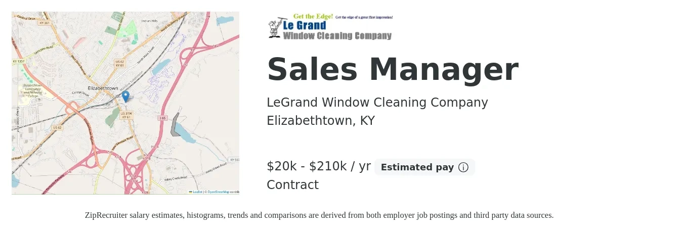 LeGrand Window Cleaning Company job posting for a Sales Manager in Elizabethtown, KY with a salary of $20,000 to $210,000 Yearly with a map of Elizabethtown location.