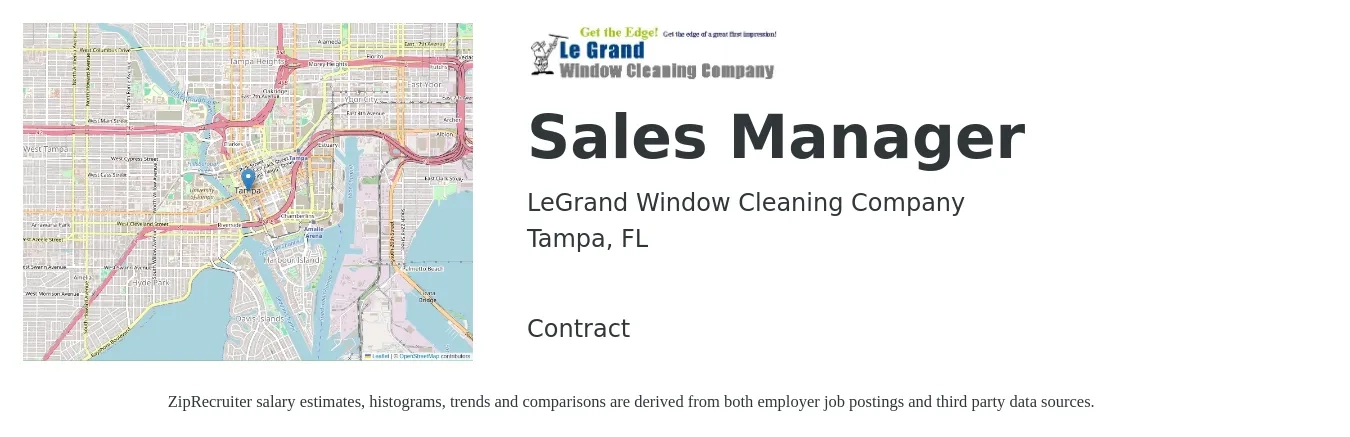 LeGrand Window Cleaning Company job posting for a Sales Manager in Tampa, FL with a salary of $42,500 to $91,200 Yearly with a map of Tampa location.