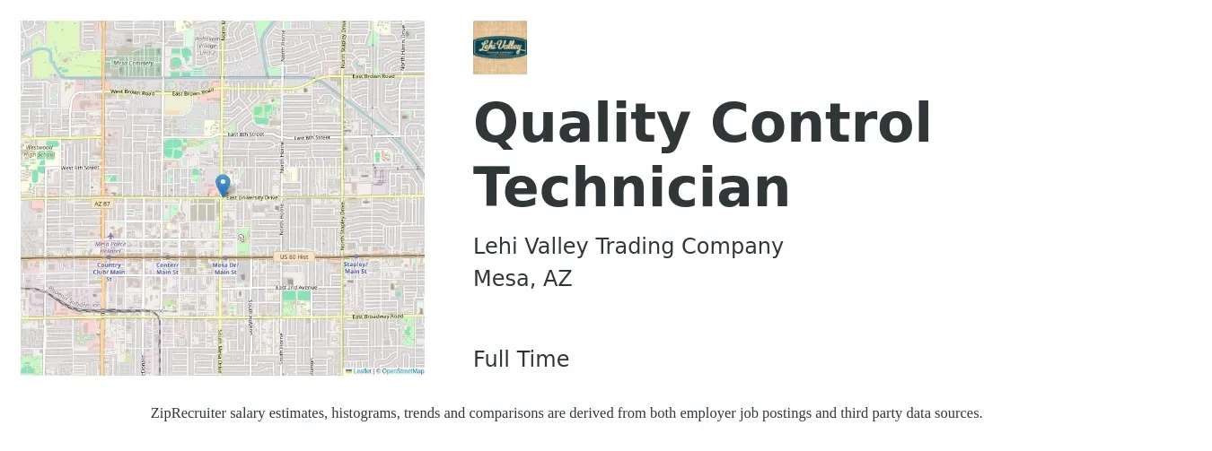 Lehi Valley Trading Company job posting for a Quality Control Technician in Mesa, AZ with a salary of $19 to $24 Hourly with a map of Mesa location.