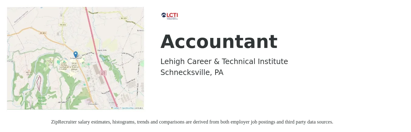 Lehigh Career & Technical Institute job posting for a Accountant in Schnecksville, PA with a salary of $20 to $28 Hourly with a map of Schnecksville location.