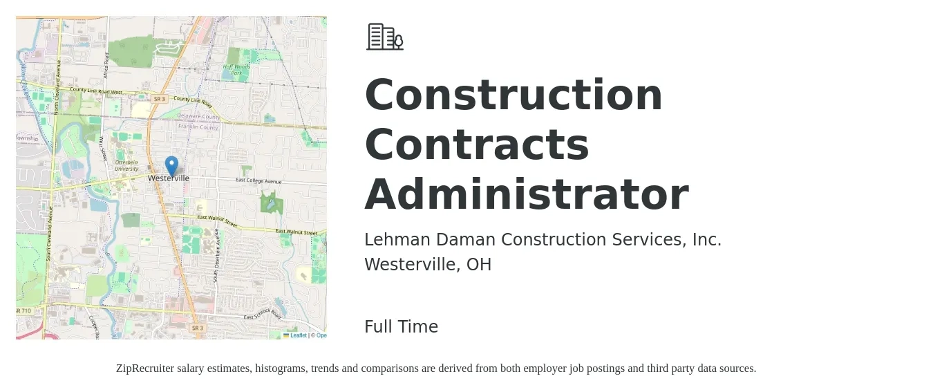 Lehman Daman Construction Services, Inc. job posting for a Construction Contracts Administrator in Westerville, OH with a salary of $55,000 to $60,000 Yearly with a map of Westerville location.