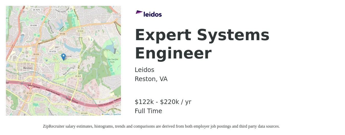 Leidos job posting for a Expert Systems Engineer in Reston, VA with a salary of $122,200 to $220,900 Yearly with a map of Reston location.