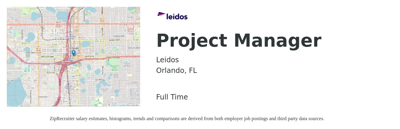 Leidos job posting for a Project Manager in Orlando, FL with a salary of $68,300 to $107,000 Yearly with a map of Orlando location.