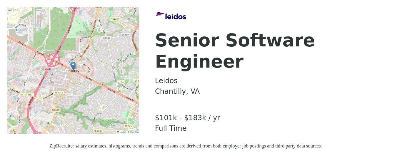 Leidos job posting for a Senior Software Engineer in Chantilly, VA with a salary of $122,200 to $220,900 Yearly with a map of Chantilly location.