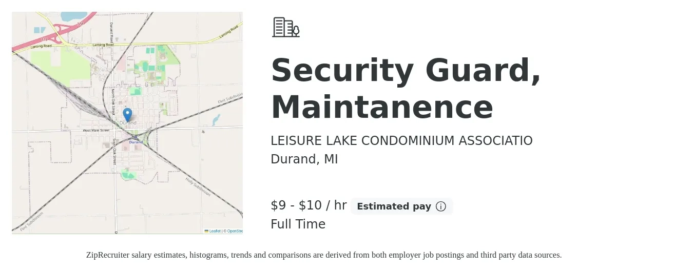 LEISURE LAKE CONDOMINIUM ASSOCIATIO job posting for a Security Guard, Maintanence in Durand, MI with a salary of $10 to $11 Hourly with a map of Durand location.