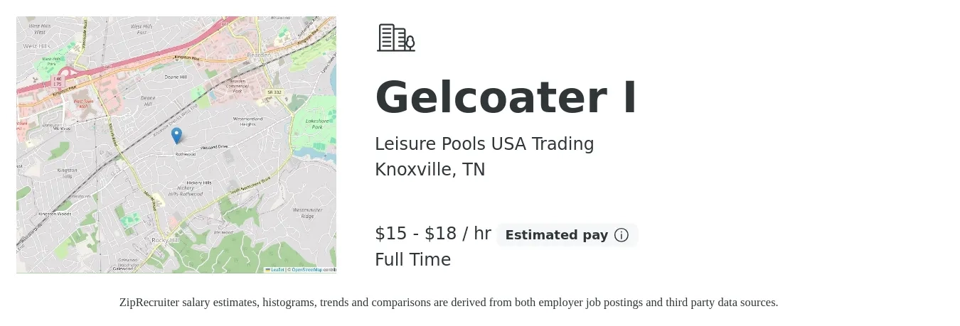 Leisure Pools USA Trading job posting for a Gelcoater I in Knoxville, TN with a salary of $17 to $22 Hourly with a map of Knoxville location.
