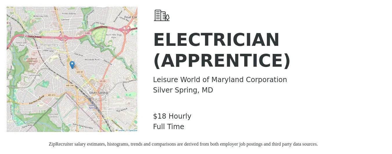 Leisure World of Maryland job posting for a ELECTRICIAN (APPRENTICE) in Silver Spring, MD with a salary of $19 Hourly with a map of Silver Spring location.
