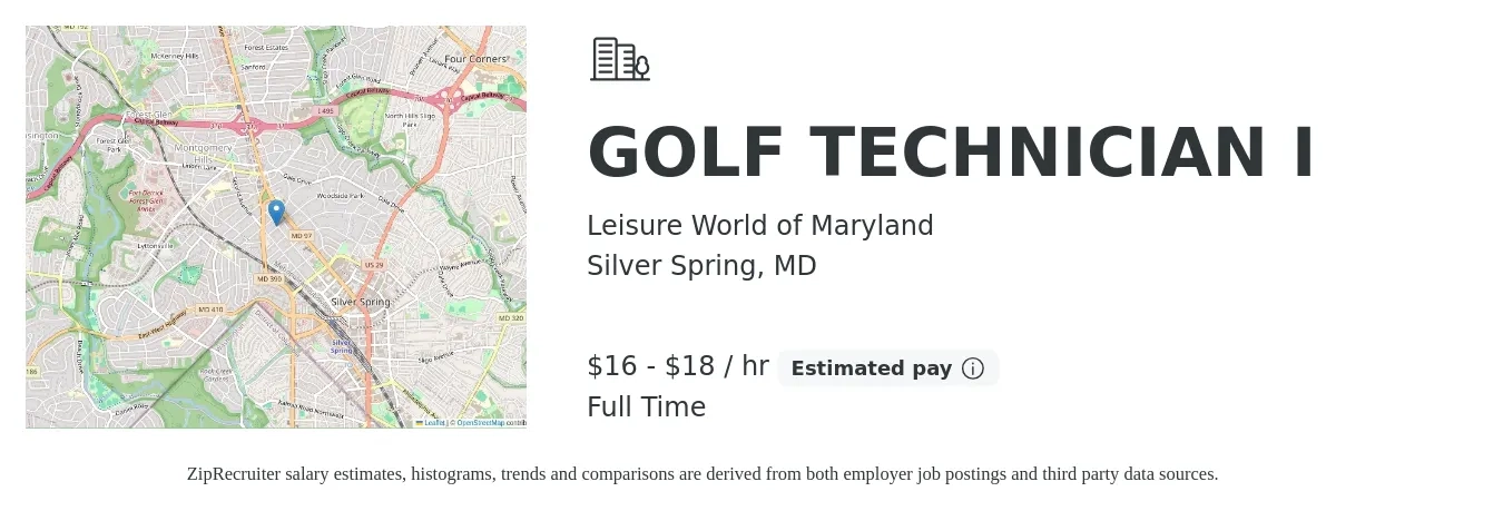 Leisure World of Maryland job posting for a GOLF TECHNICIAN I in Silver Spring, MD with a salary of $17 to $20 Hourly with a map of Silver Spring location.