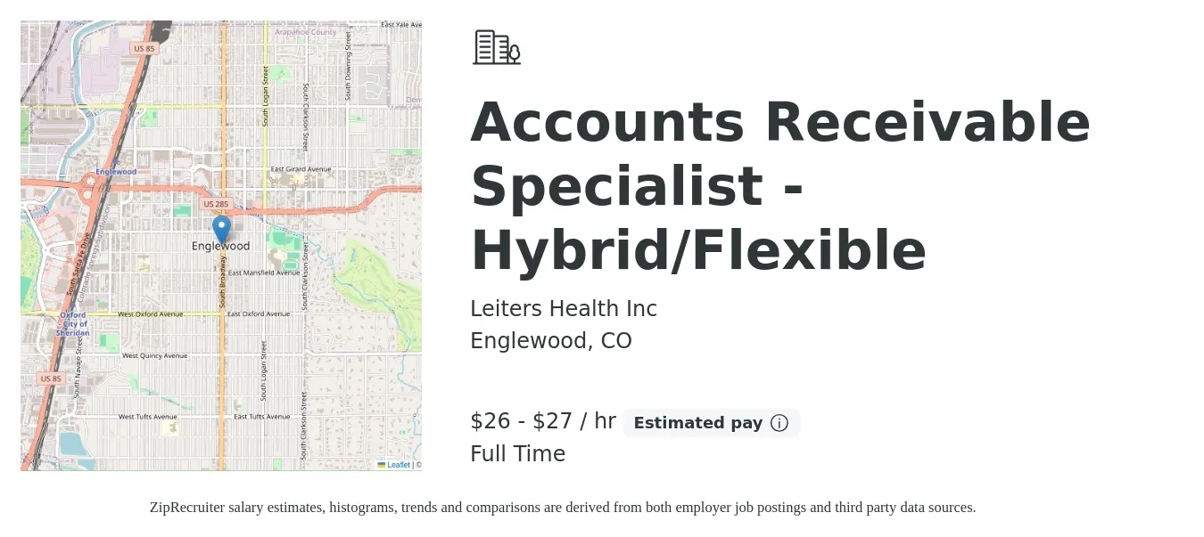 Leiters Health Inc job posting for a Accounts Receivable Specialist - Hybrid/Flexible in Englewood, CO with a salary of $28 to $29 Hourly with a map of Englewood location.