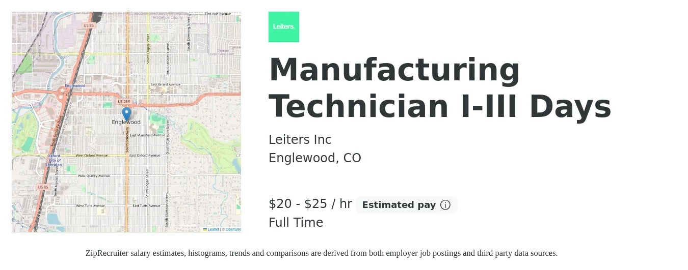 Leiters Inc job posting for a Manufacturing Technician I-III Days in Englewood, CO with a salary of $21 to $27 Hourly with a map of Englewood location.