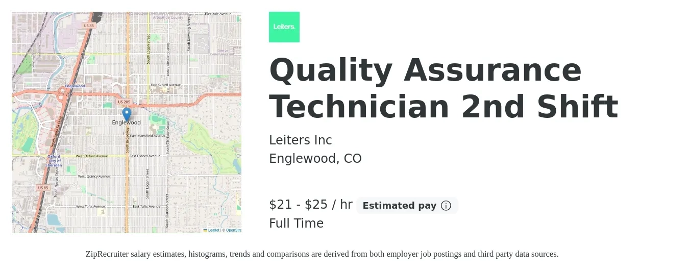 Leiters Inc job posting for a Quality Assurance Technician 2nd Shift in Englewood, CO with a salary of $22 to $26 Hourly with a map of Englewood location.