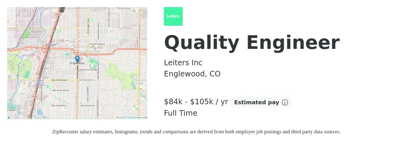 Leiters Inc job posting for a Quality Engineer in Englewood, CO with a salary of $84,564 to $105,732 Yearly with a map of Englewood location.