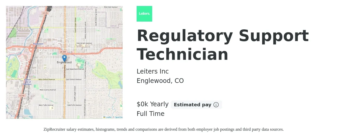 Leiters Inc job posting for a Regulatory Support Technician in Englewood, CO with a salary of $22 to $27 Yearly with a map of Englewood location.