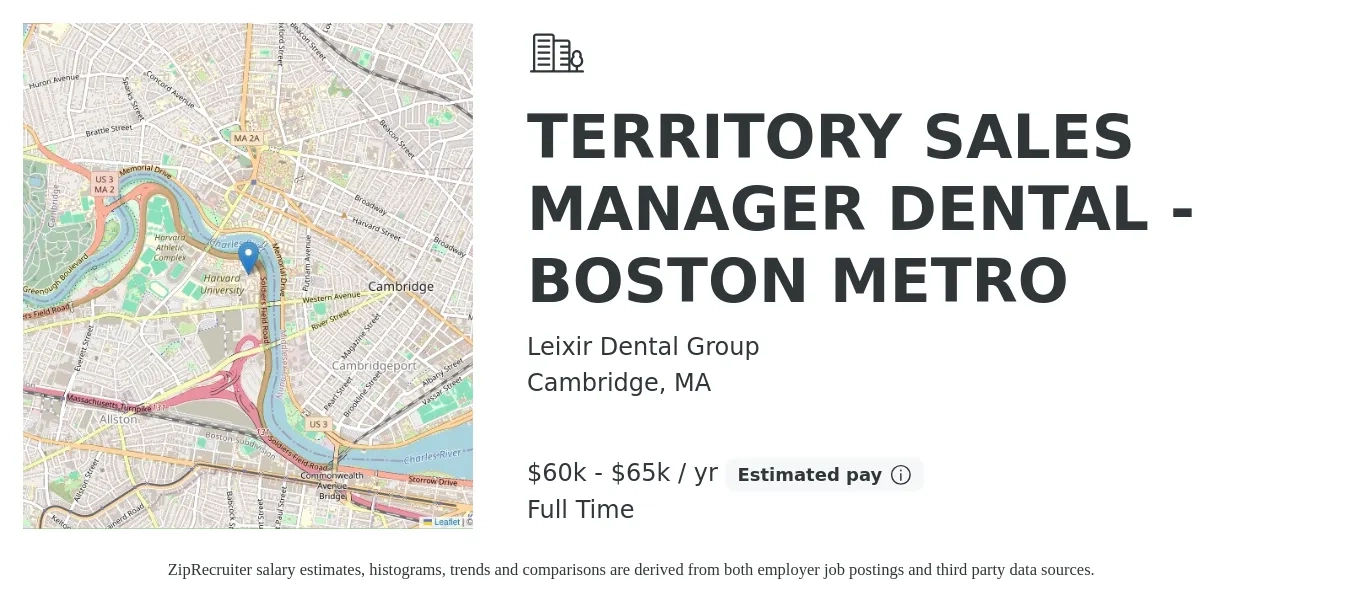 Leixir Dental Group job posting for a TERRITORY SALES MANAGER DENTAL - BOSTON METRO in Cambridge, MA with a salary of $71,100 to $109,100 Yearly with a map of Cambridge location.