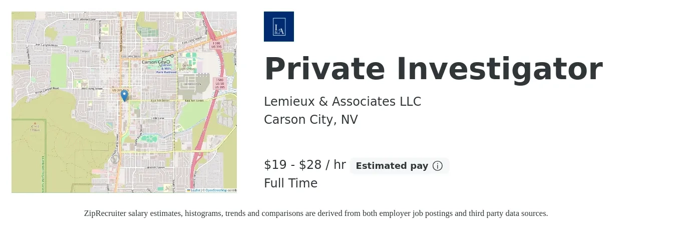 Lemieux & Associates LLC job posting for a Private Investigator in Carson City, NV with a salary of $20 to $30 Hourly with a map of Carson City location.