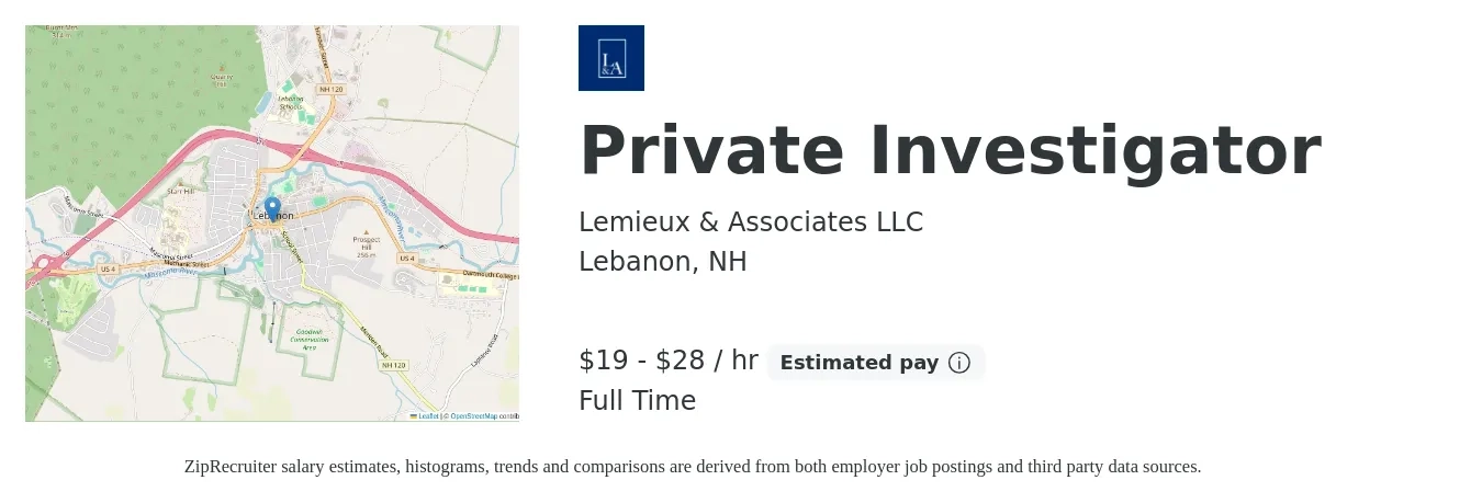 Lemieux & Associates LLC job posting for a Private Investigator in Lebanon, NH with a salary of $20 to $30 Hourly with a map of Lebanon location.
