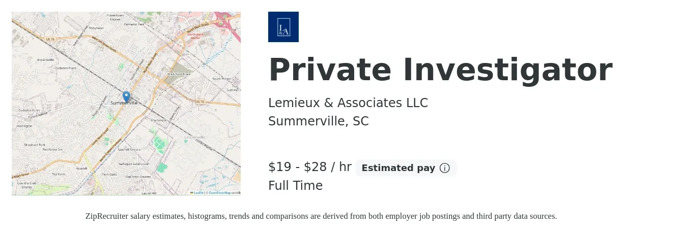 Lemieux & Associates LLC job posting for a Private Investigator in Summerville, SC with a salary of $20 to $30 Hourly with a map of Summerville location.