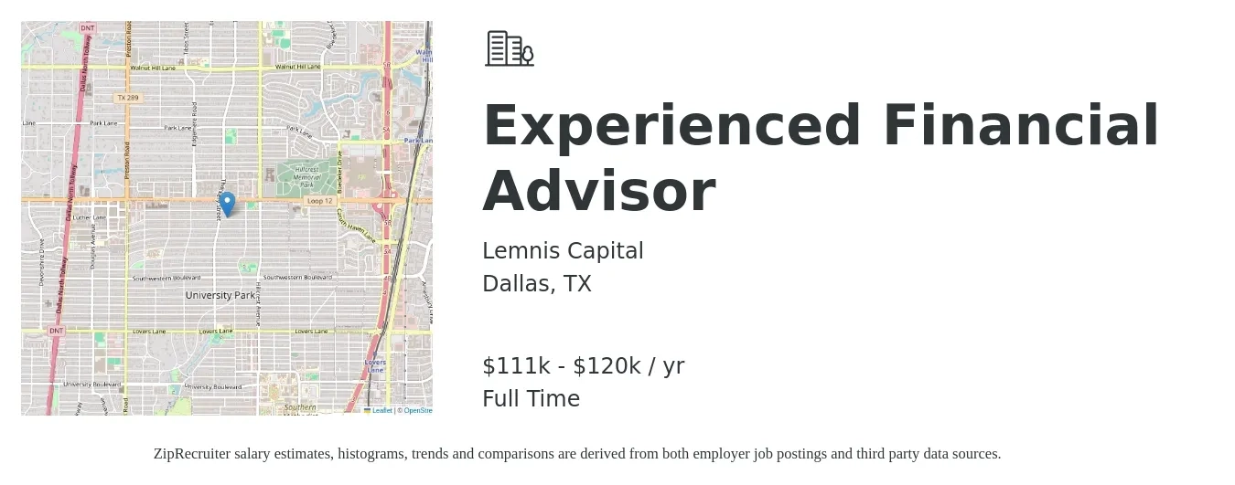 Lemnis Capital job posting for a Experienced Financial Advisor in Dallas, TX with a salary of $111,000 to $120,500 Yearly with a map of Dallas location.