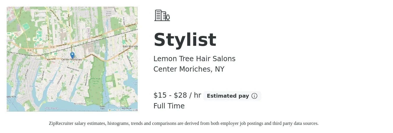 Lemon Tree Hair Salons job posting for a Stylist in Center Moriches, NY with a salary of $16 to $30 Hourly with a map of Center Moriches location.