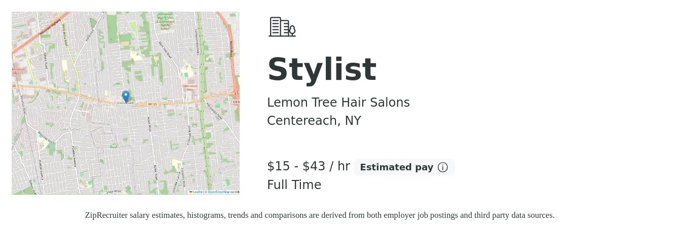 Lemon Tree Hair Salons job posting for a Stylist in Centereach, NY with a salary of $16 to $45 Hourly with a map of Centereach location.