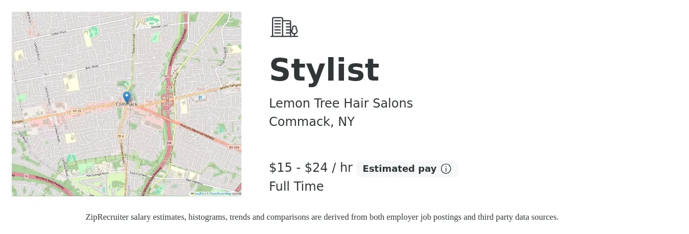Lemon Tree Hair Salons job posting for a Stylist in Commack, NY with a salary of $16 to $25 Hourly with a map of Commack location.