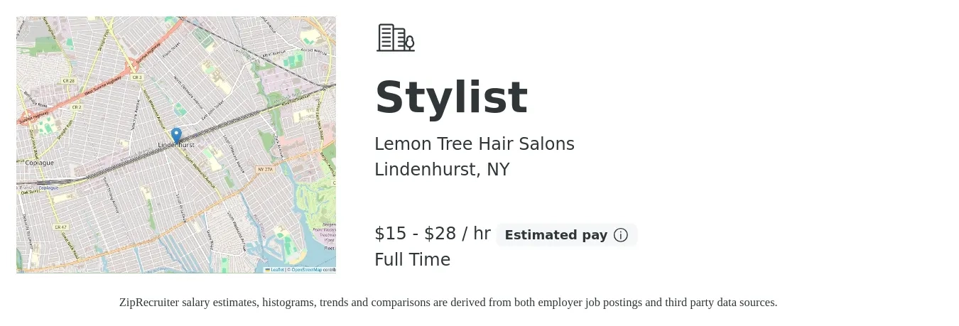 Lemon Tree Hair Salons job posting for a Stylist in Lindenhurst, NY with a salary of $16 to $30 Hourly with a map of Lindenhurst location.