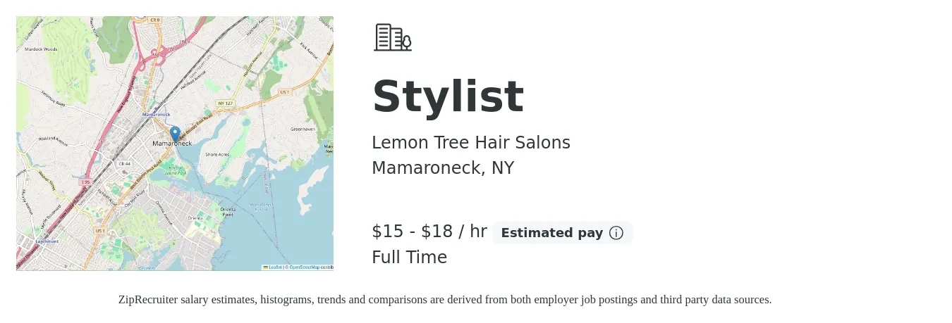 Lemon Tree Hair Salons job posting for a Stylist in Mamaroneck, NY with a salary of $16 to $19 Hourly with a map of Mamaroneck location.