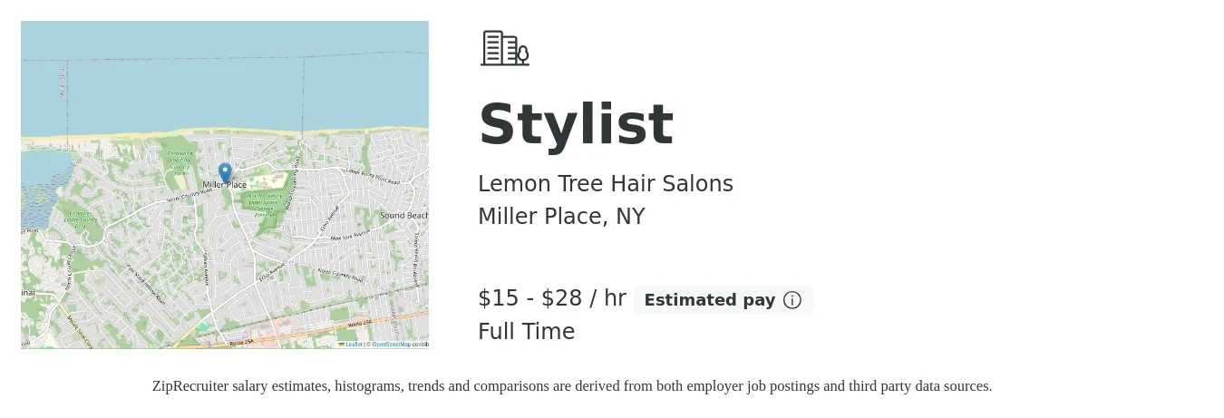 Lemon Tree Hair Salons job posting for a Stylist in Miller Place, NY with a salary of $16 to $30 Hourly with a map of Miller Place location.