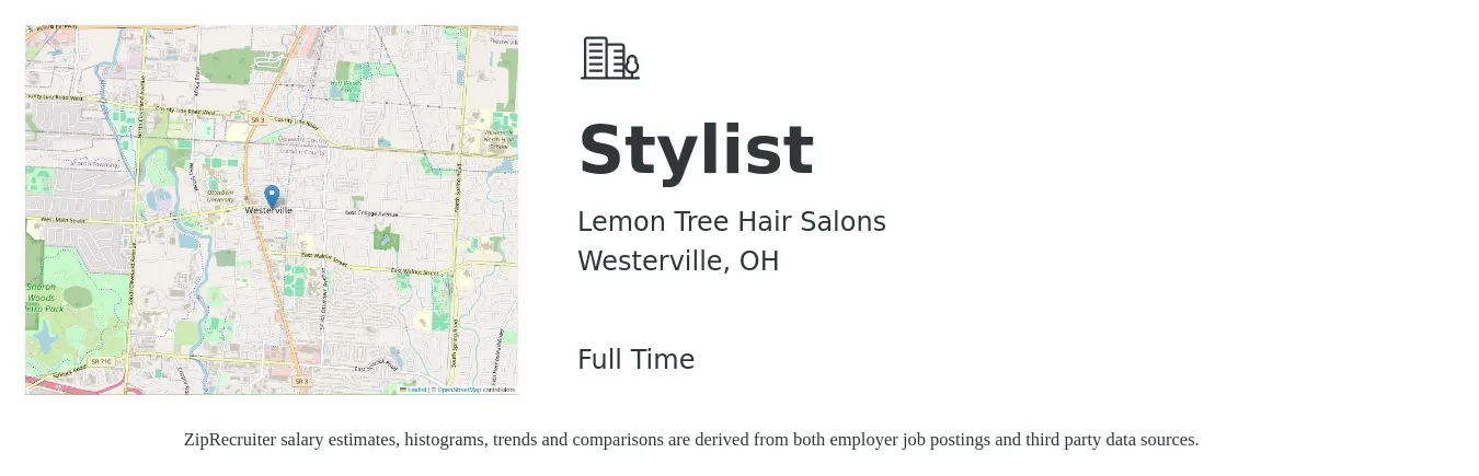 Lemon Tree Hair Salons job posting for a Stylist in Westerville, OH with a salary of $16 to $24 Hourly with a map of Westerville location.