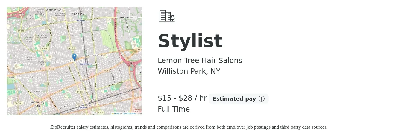 Lemon Tree Hair Salons job posting for a Stylist in Williston Park, NY with a salary of $16 to $30 Hourly with a map of Williston Park location.
