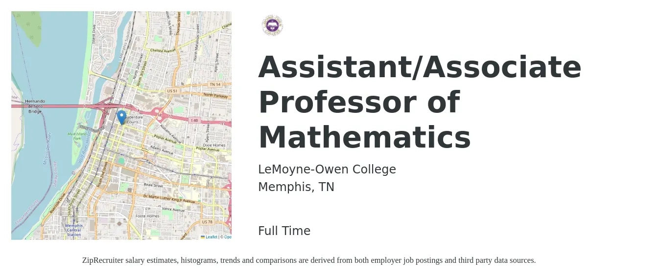 LeMoyne-Owen College job posting for a Assistant/Associate Professor of Mathematics in Memphis, TN with a salary of $57,400 to $109,400 Yearly with a map of Memphis location.
