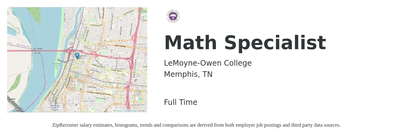 LeMoyne-Owen College job posting for a Math Specialist in Memphis, TN with a salary of $43,800 to $68,100 Yearly with a map of Memphis location.
