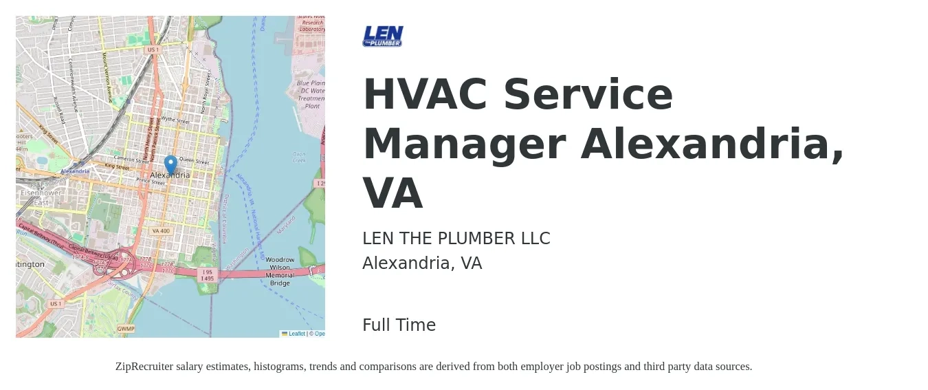 LEN THE PLUMBER LLC job posting for a HVAC Service Manager Alexandria, VA in Alexandria, VA with a salary of $71,700 to $104,900 Yearly with a map of Alexandria location.