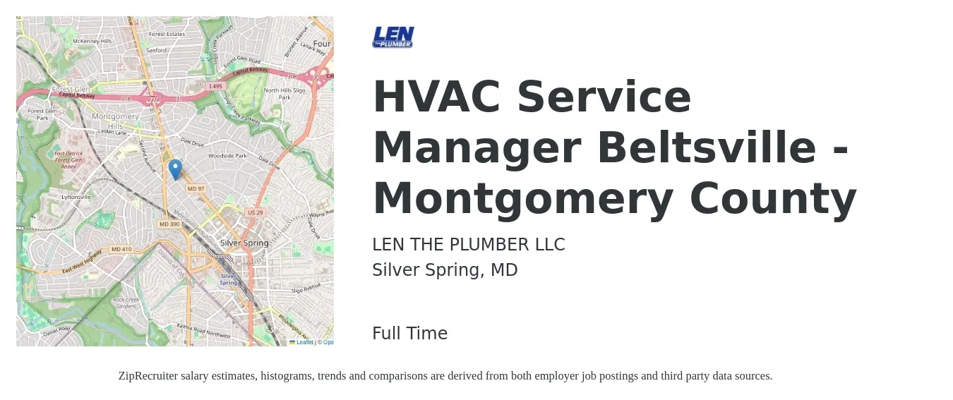 LEN THE PLUMBER LLC job posting for a HVAC Service Manager Beltsville - Montgomery County in Silver Spring, MD with a salary of $69,100 to $101,000 Yearly with a map of Silver Spring location.