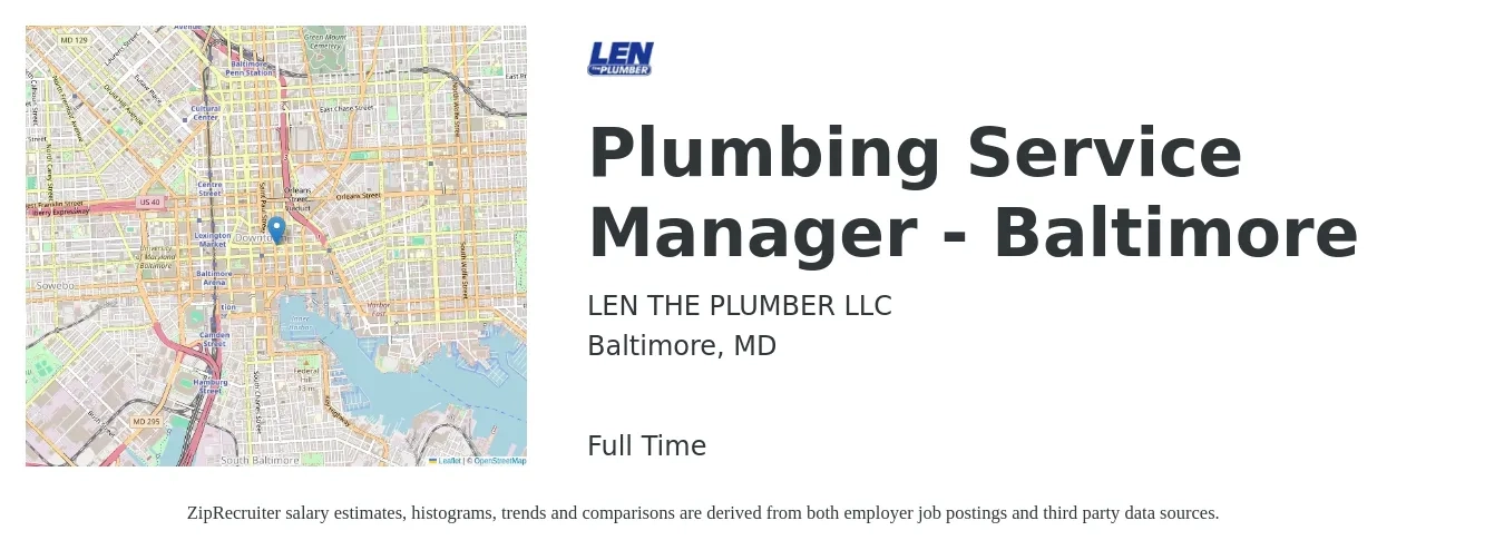 LEN THE PLUMBER LLC job posting for a Plumbing Service Manager - Baltimore in Baltimore, MD with a salary of $26 to $37 Hourly with a map of Baltimore location.