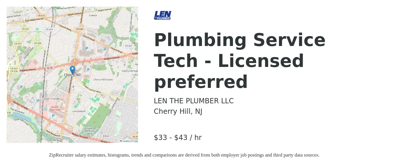 Len The Plumber job posting for a Plumbing Service Tech - Licensed preferred in Cherry Hill, NJ with a salary of $35 to $45 Hourly with a map of Cherry Hill location.