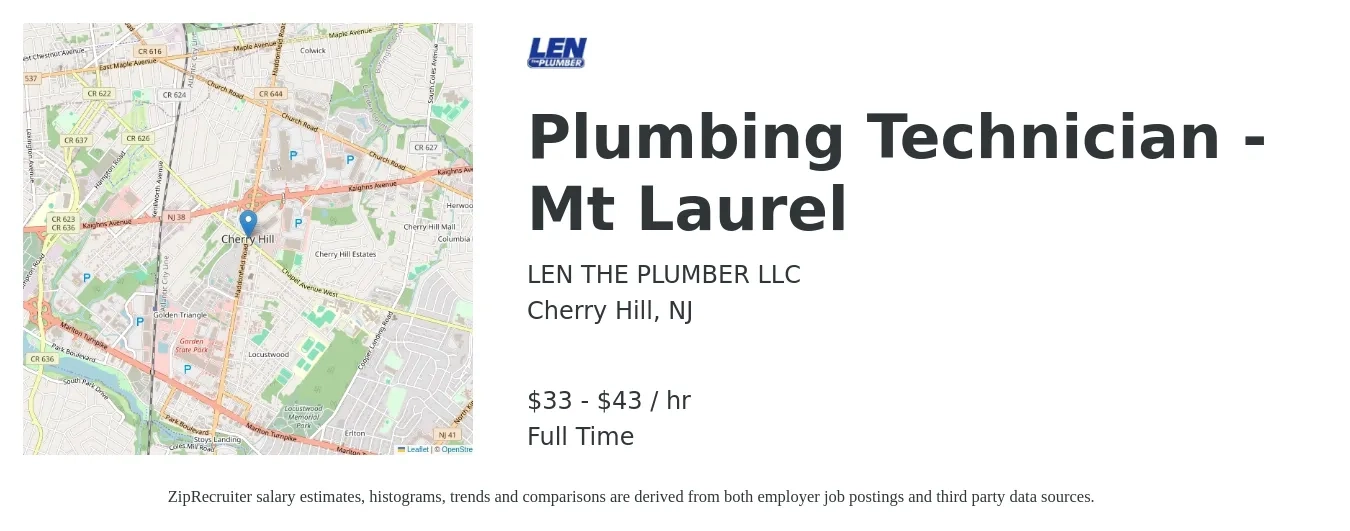Len The Plumber job posting for a Plumbing Technician - Mt Laurel in Cherry Hill, NJ with a salary of $35 to $45 Hourly with a map of Cherry Hill location.