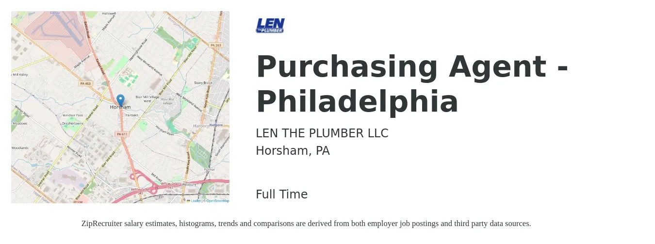 LEN THE PLUMBER LLC job posting for a Purchasing Agent - Philadelphia in Horsham, PA with a salary of $42,400 to $59,200 Yearly with a map of Horsham location.