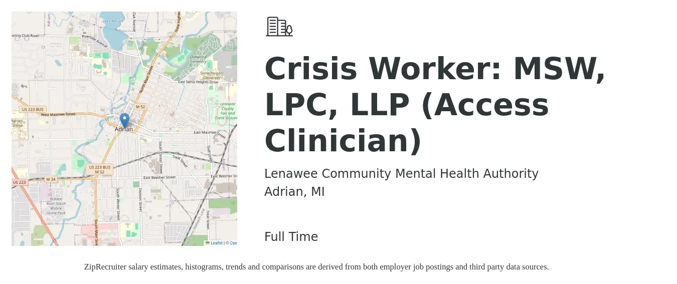 Lenawee Community Mental Health Authority job posting for a Crisis Worker: MSW, LPC, LLP (Access Clinician) in Adrian, MI with a salary of $1,240 to $1,601 Weekly with a map of Adrian location.