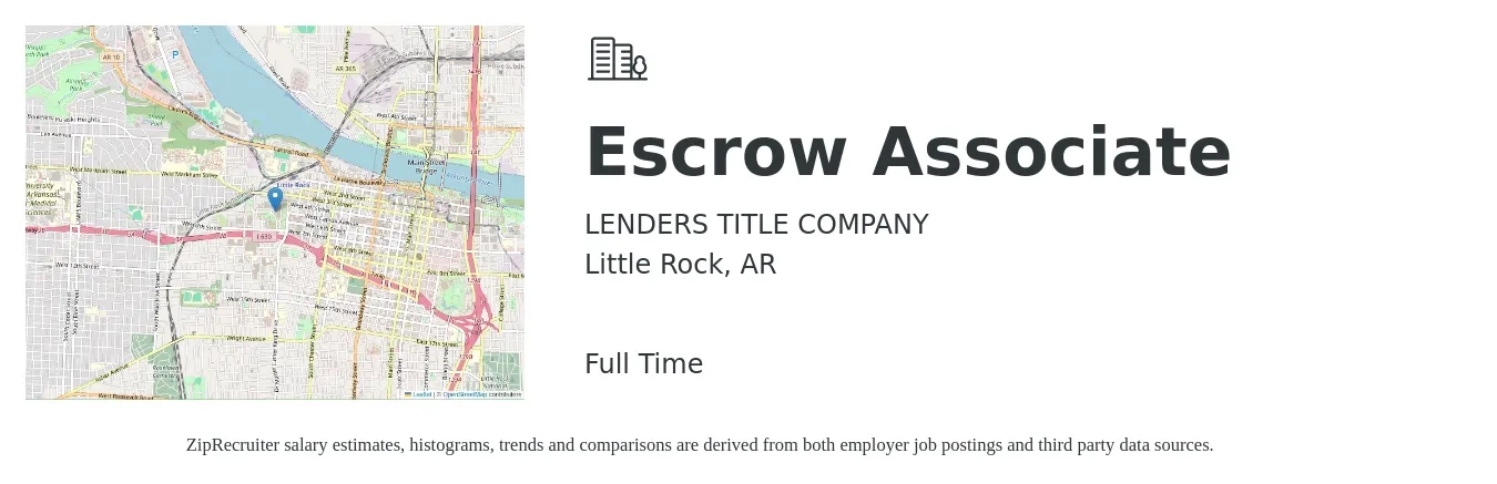 LENDERS TITLE COMPANY job posting for a Escrow Associate in Little Rock, AR with a salary of $19 to $24 Hourly with a map of Little Rock location.